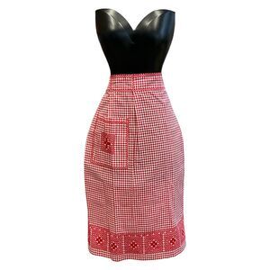 Gingham‎ Print Vintage Apron Handmade Cross Stitched Embroidered Red Check